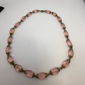 Vintage Czechoslovakian Pink Faceted Glass Necklace Signed Czechoslov 16.5”